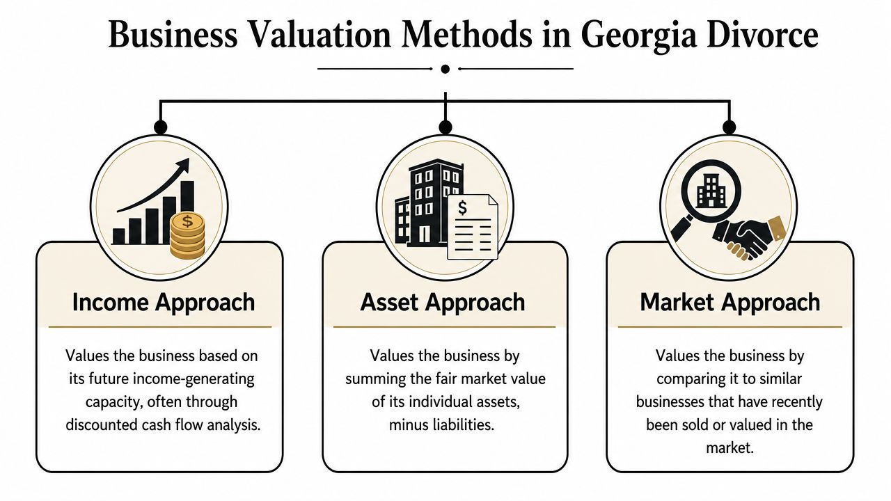 A diagram illustrating the three main business valuation methods used during a divorce case in Georgia.