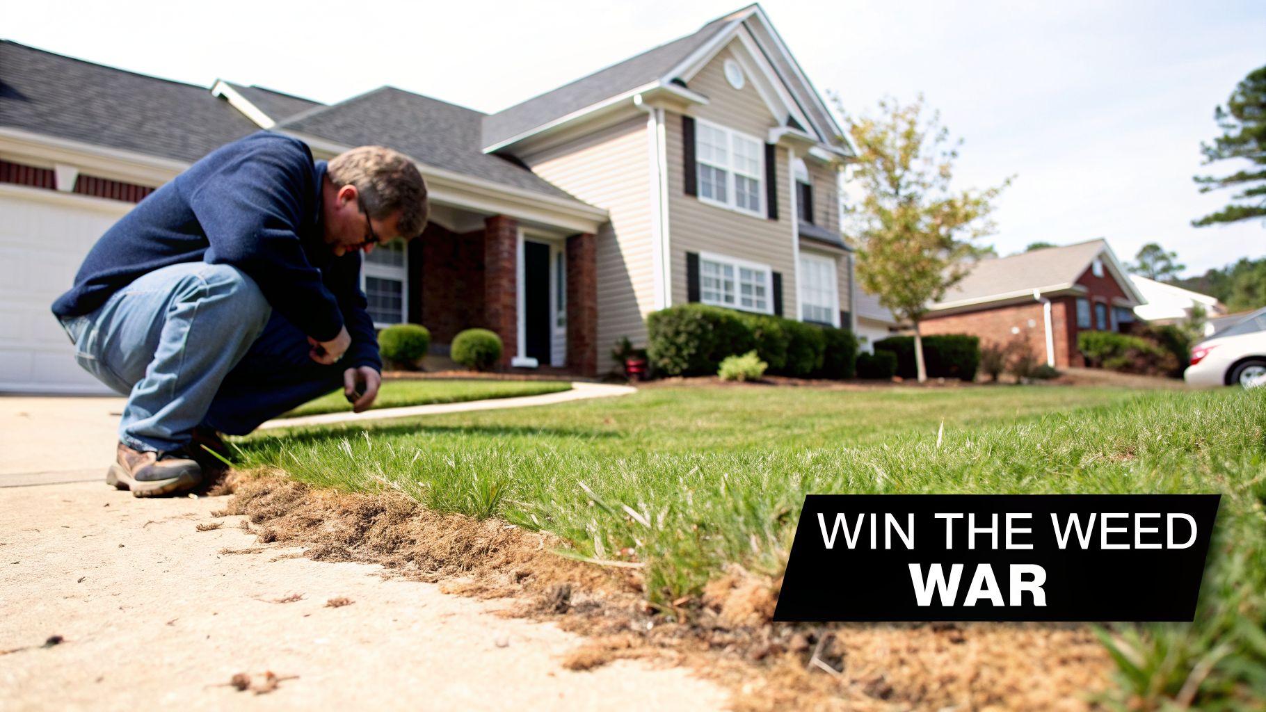 A man crouches to inspect dead grass and weeds along a sidewalk edge in front of a house.