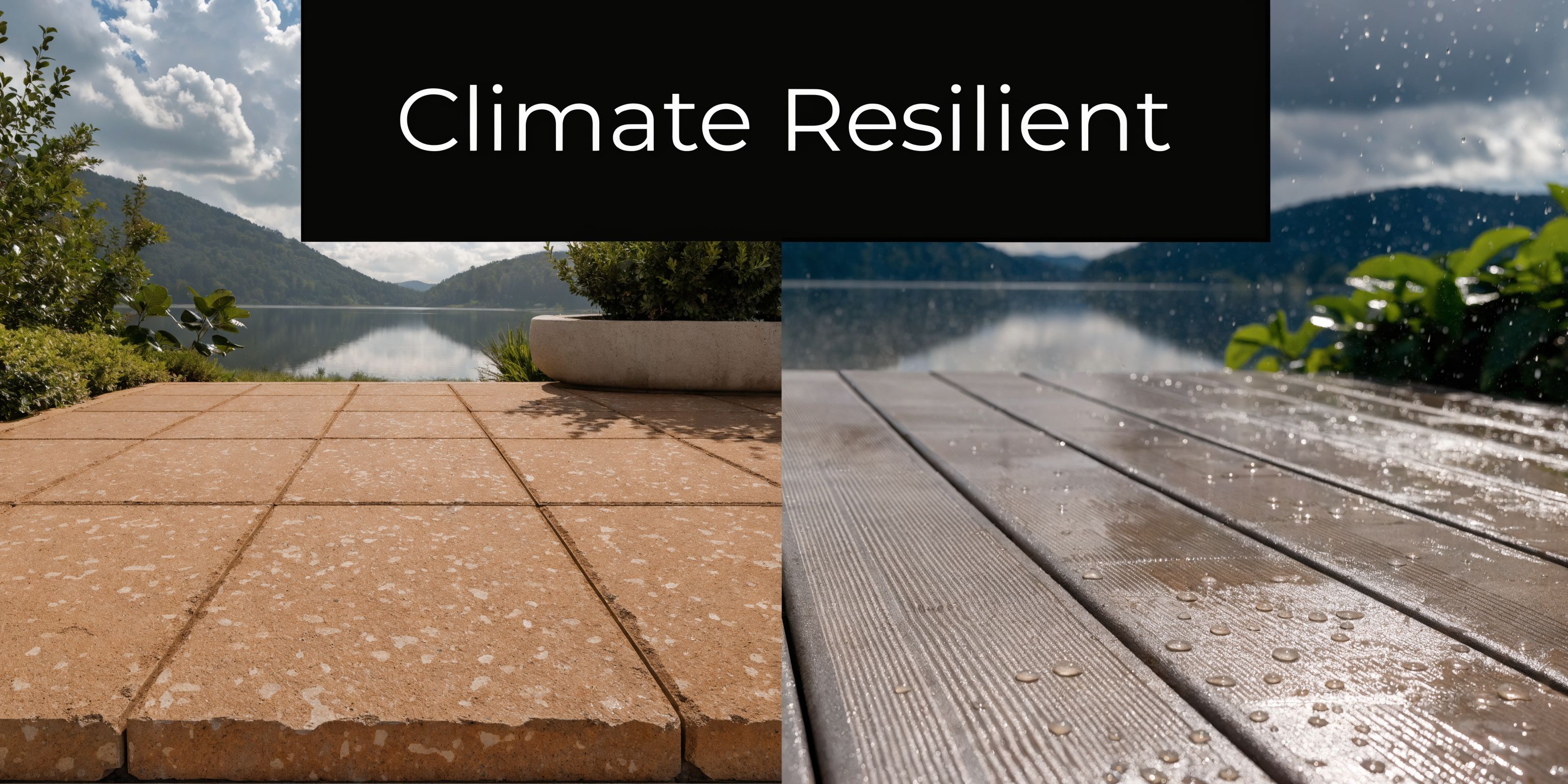 A split-screen comparison showing durable outdoor patio tiles and rain-resistant wooden decking by a lake.