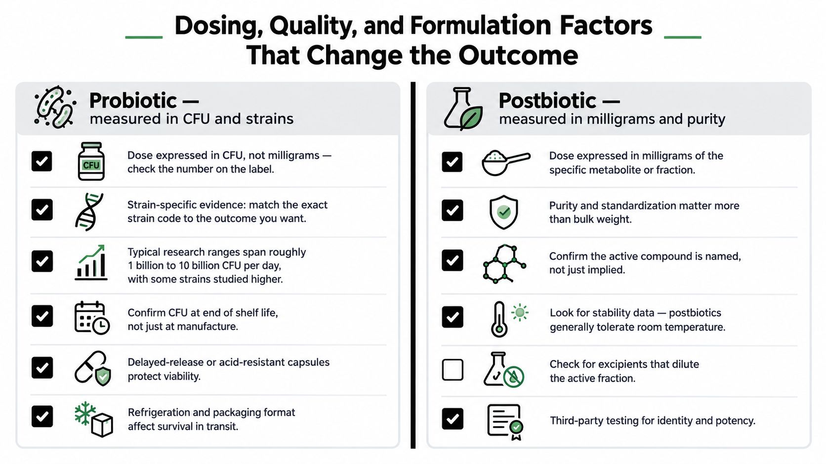A comparison chart outlining key dosing, quality, and formulation factors for probiotics and postbiotics in supplements.