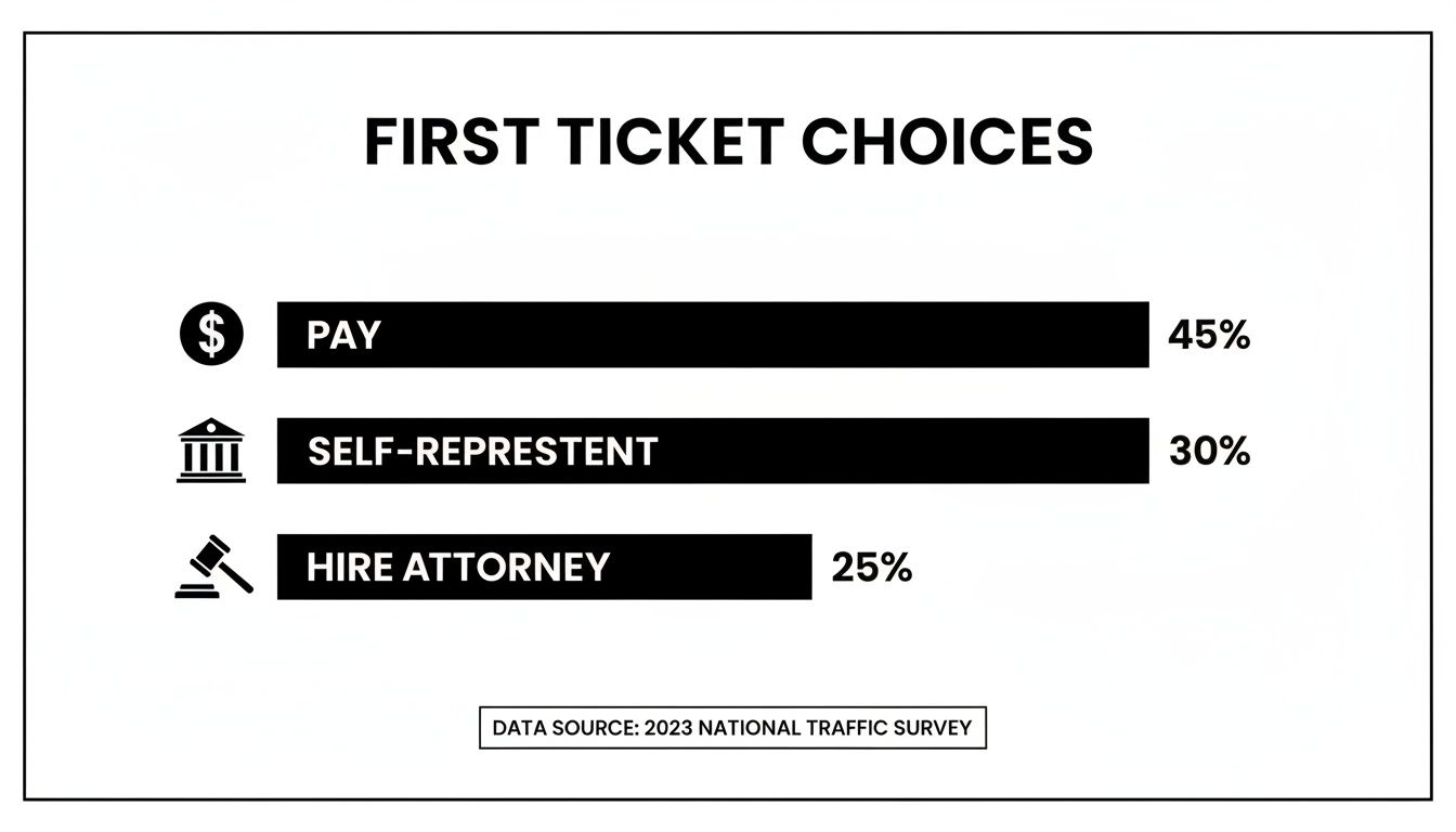 Bar chart showing first ticket choices for traffic violations: Pay (45%), Self-Represent (30%), Hire Attorney (25%).