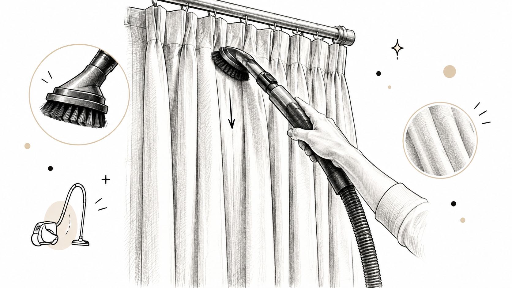 A hand using a vacuum cleaner brush attachment to clean fabric drapes hanging on a rod.