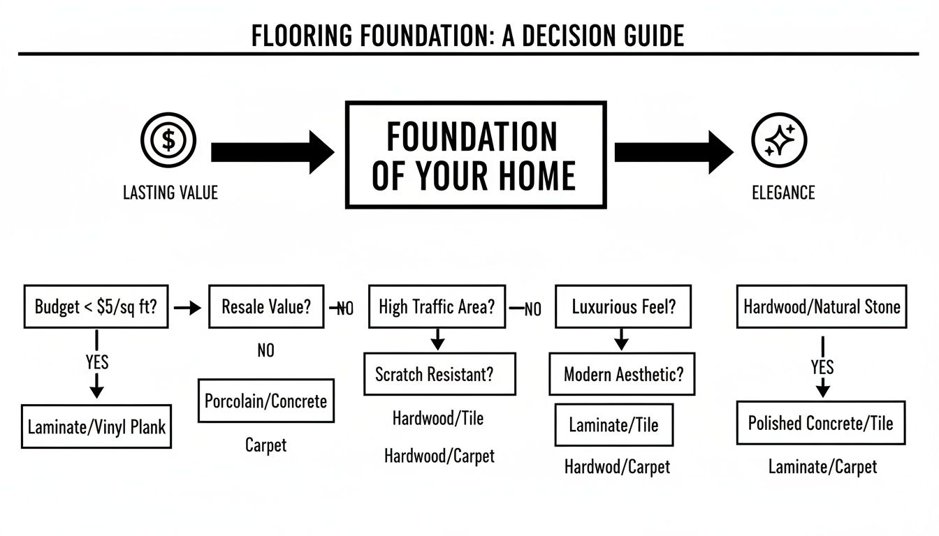 Decision guide flowchart for choosing home flooring based on budget, traffic, and aesthetic preferences.