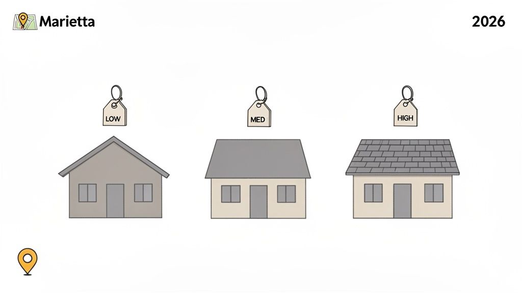 Illustration of three houses with different roof types, each labeled with a price tag from low to high.