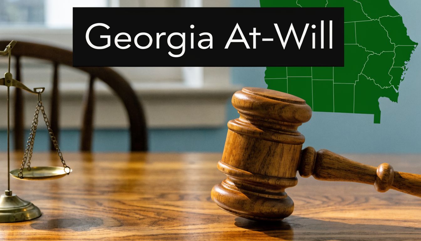 A wooden gavel and a small scale of justice placed on a desk in Georgia.