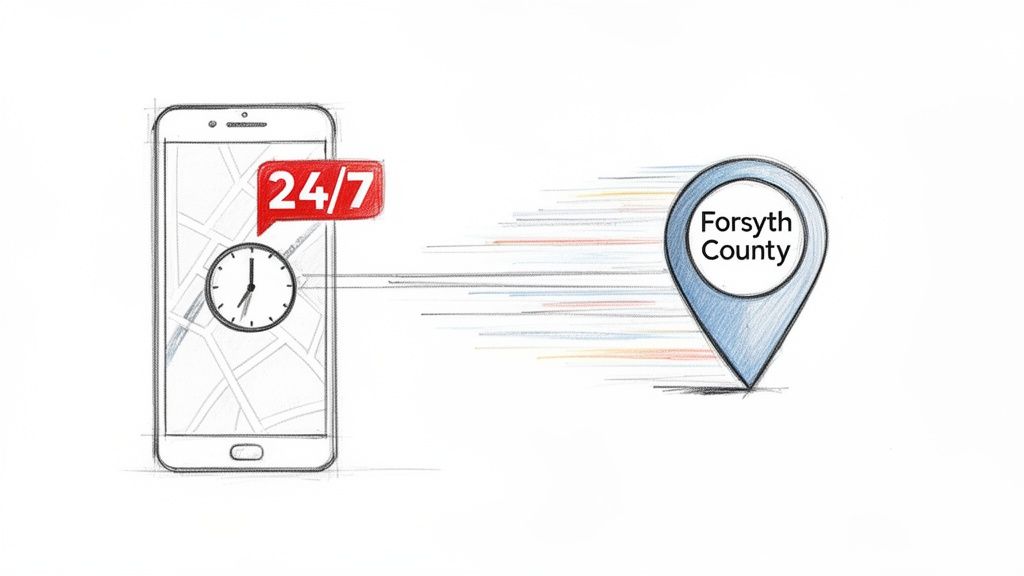 Smartphone offering 24/7 mobile service, quickly reaching a location pin for Forsyth County.