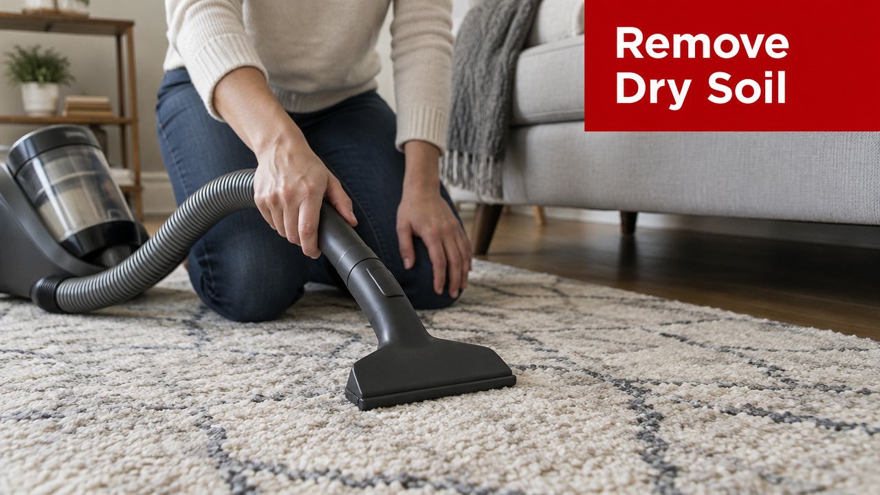 A person kneeling on a plush rug while using a vacuum cleaner attachment to remove dry soil.