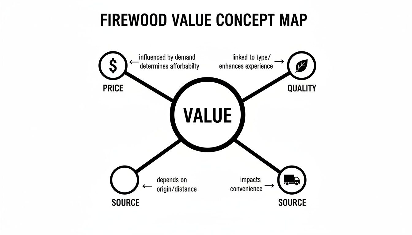 A detailed concept map illustrating firewood value drivers: price, quality, and two source considerations with their influencing factors.