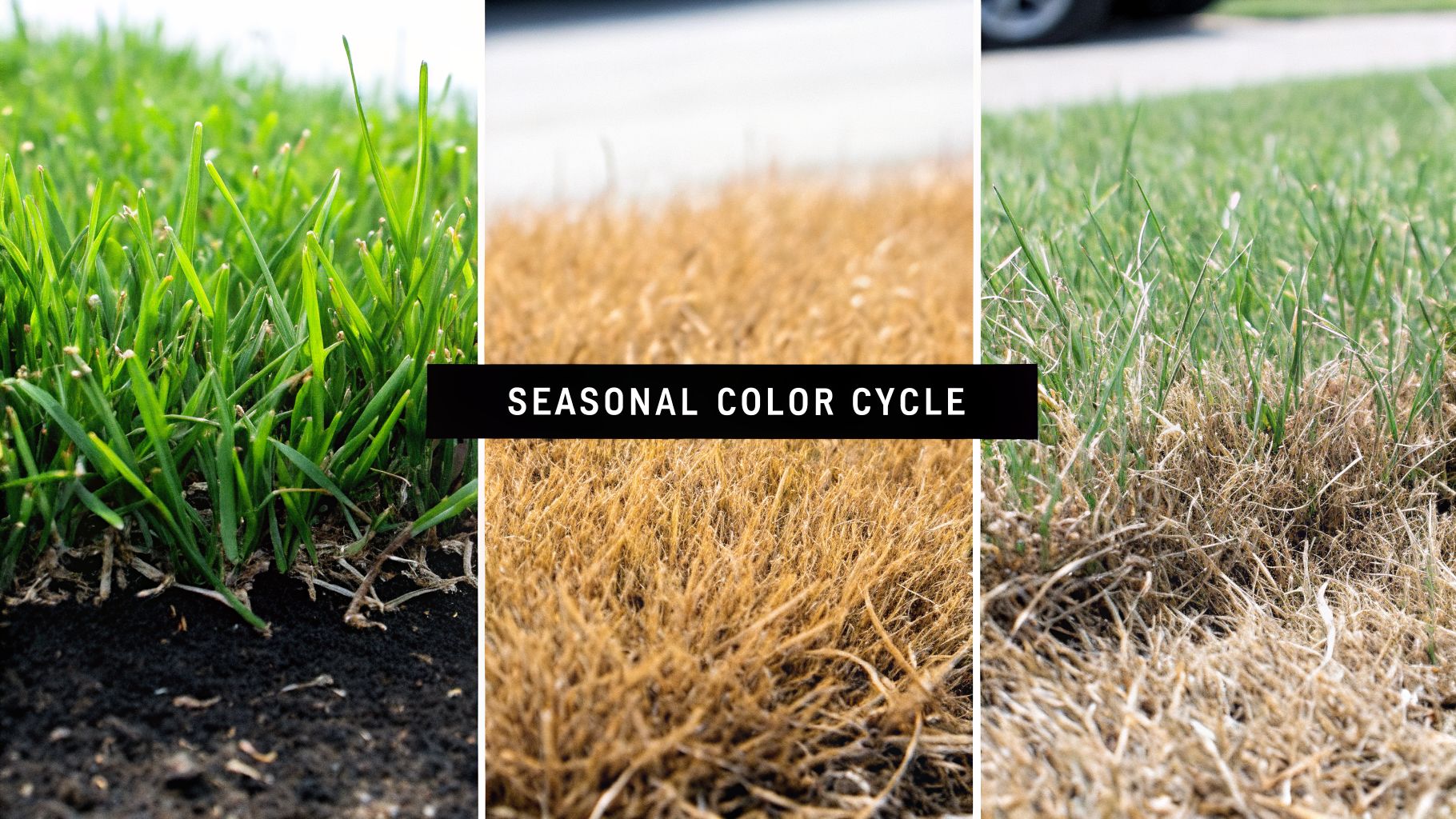 A triptych showing vibrant green grass, dormant brown grass, and mixed green and brown grass.