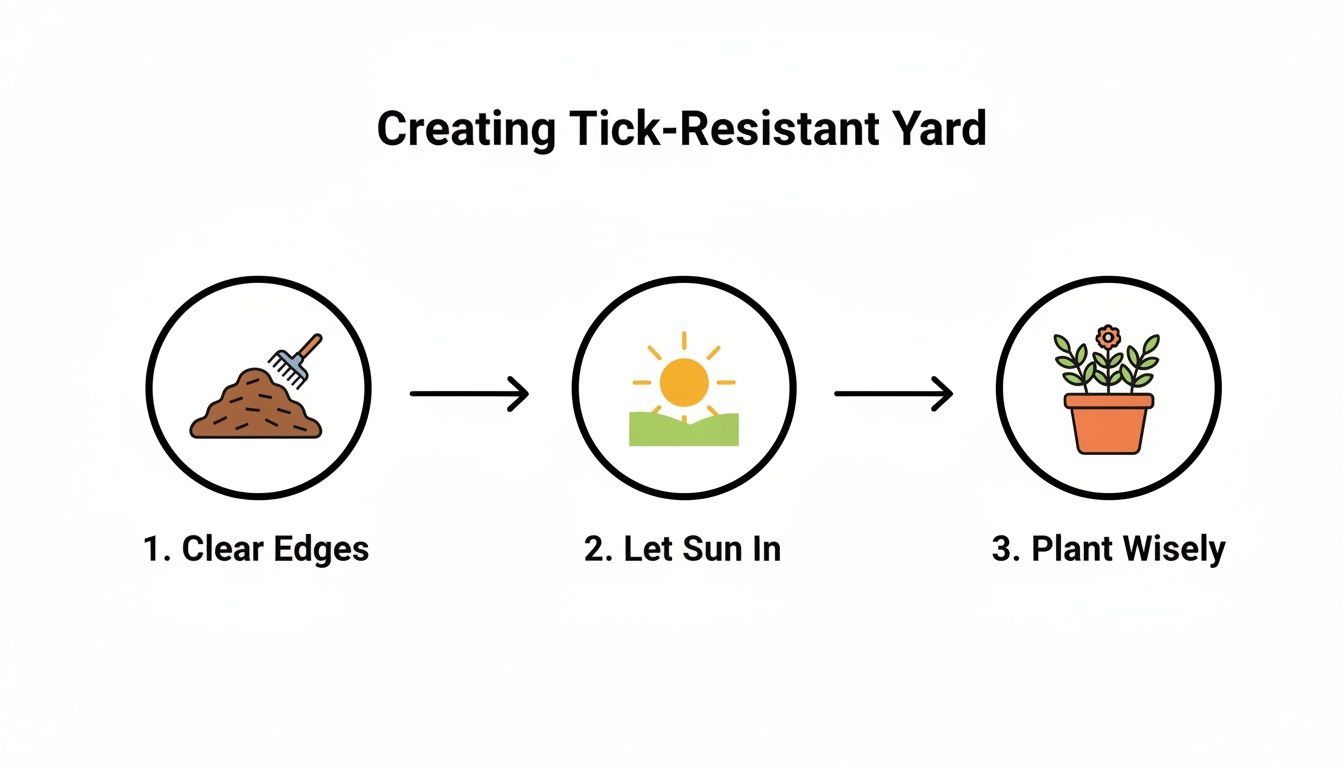 Infographic illustrates three steps for creating a tick-resistant yard: clear edges, let sun in, plant wisely.