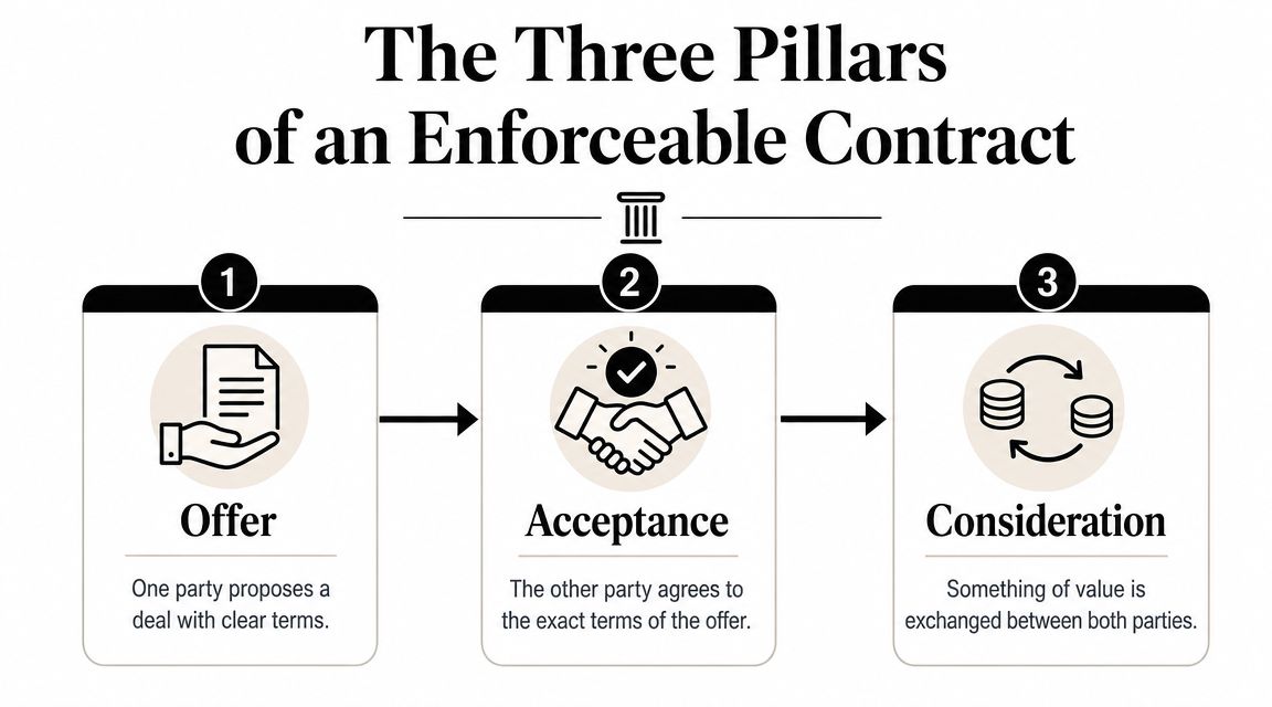 A diagram illustrating the three essential pillars of an enforceable contract: offer, acceptance, and consideration.