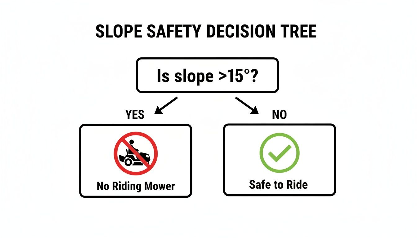 Decision tree for riding mower slope safety: If slope is over 15 degrees, no riding mower; if not, safe to ride.