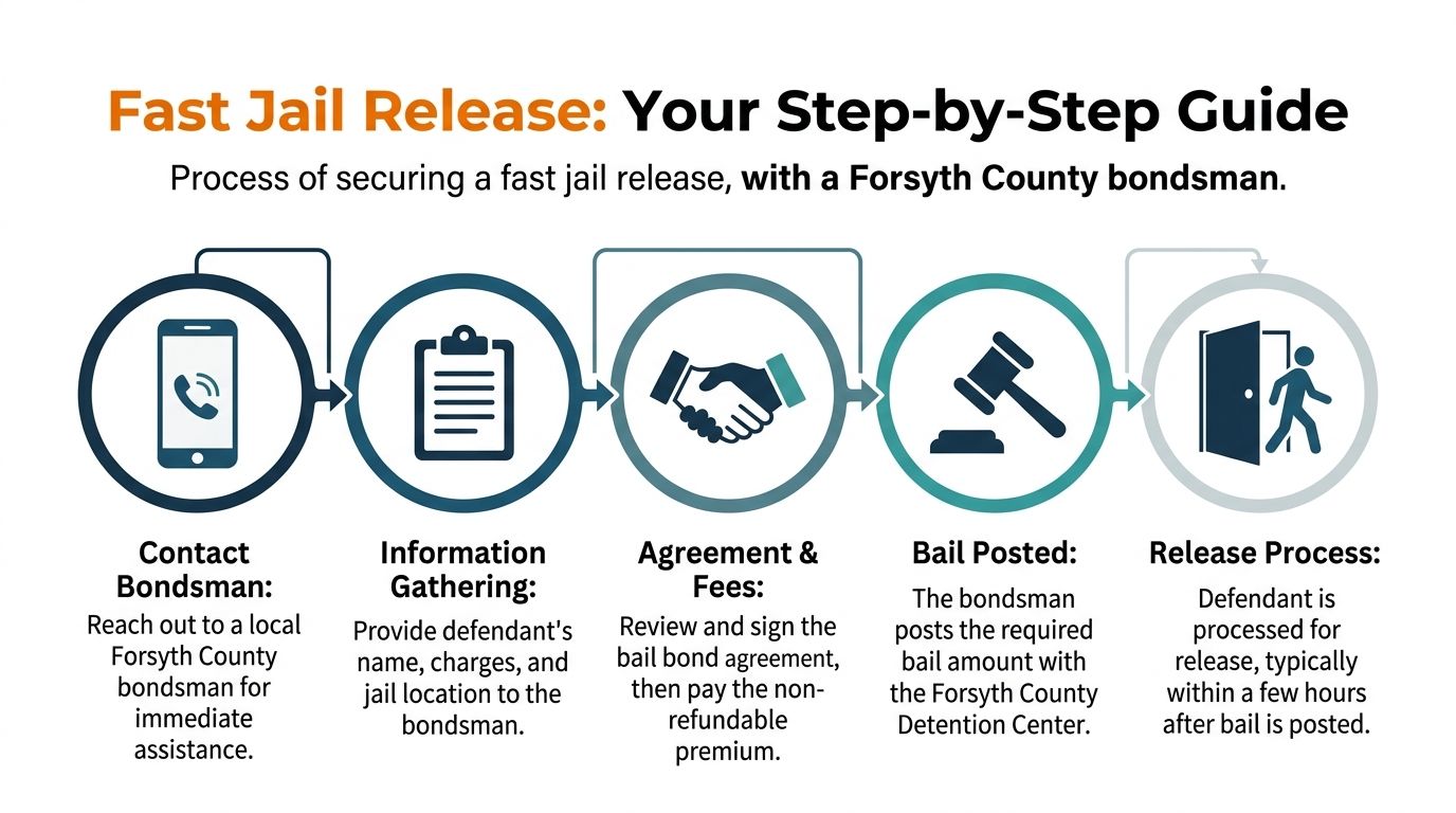 A step-by-step infographic illustrating the fast jail release process with a Forsyth County bondsman in five stages.