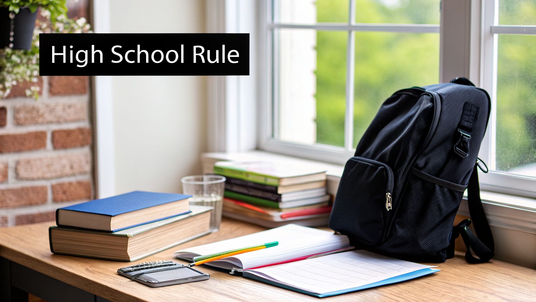 A black banner with "High School Rule" text above a desk with books, a backpack, and school supplies by a window.
