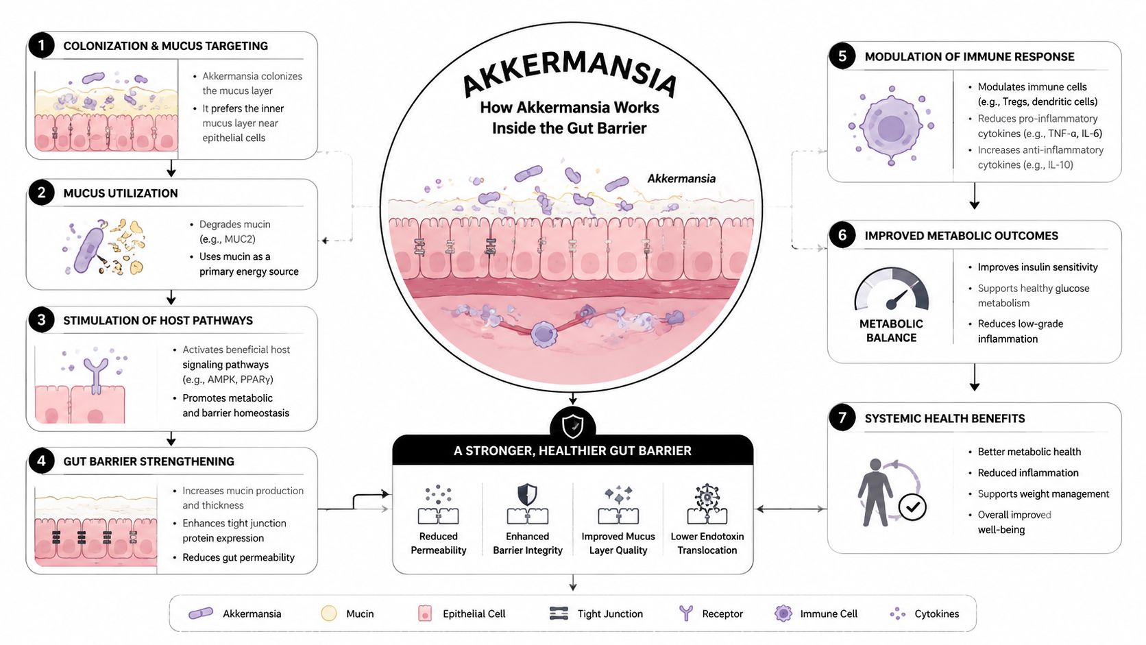 A diagram illustrating how the Akkermansia probiotic strengthens the gut barrier and improves overall systemic health.