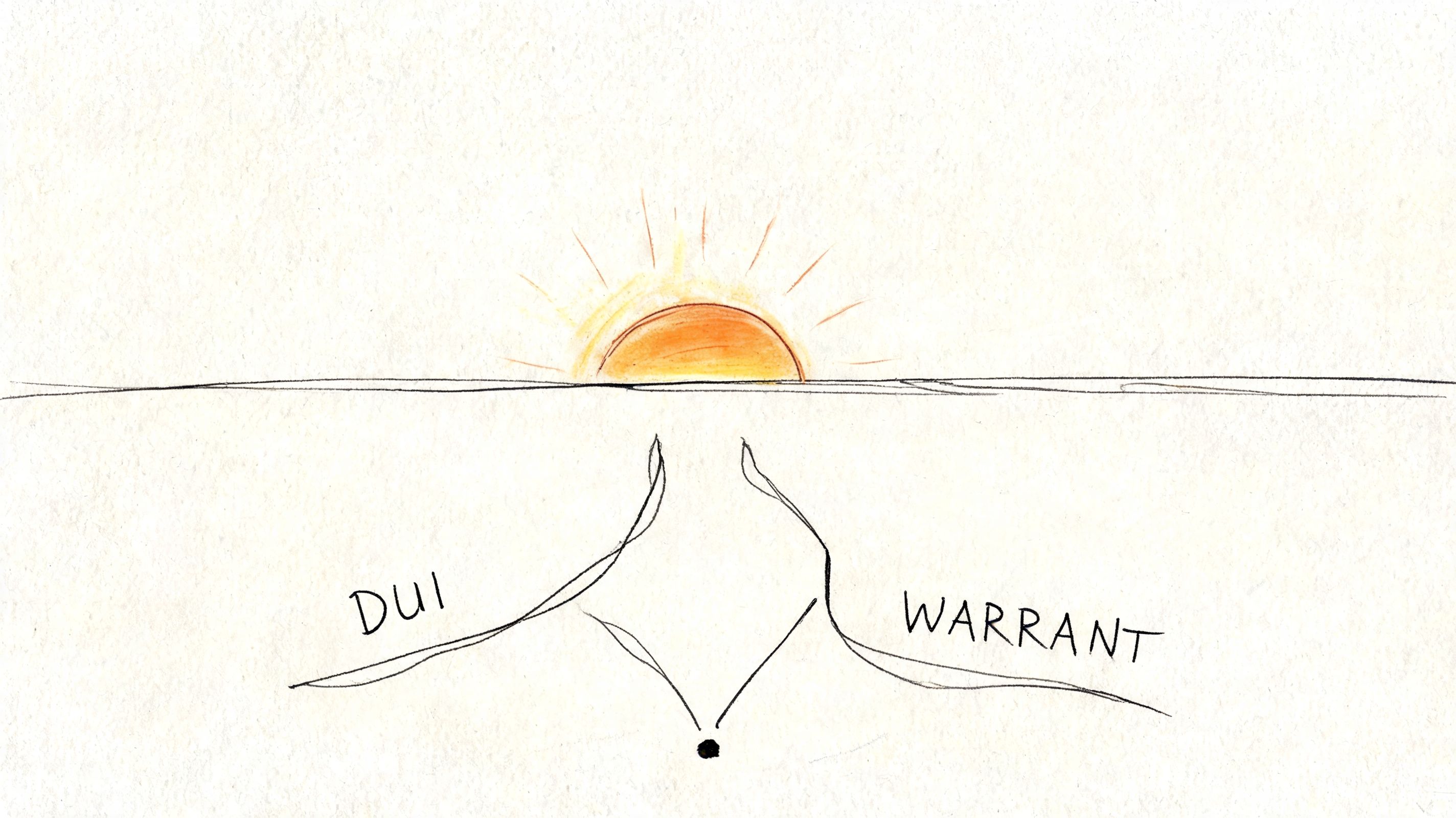 A simple sketch of a sunset over a horizon with the words DUI and WARRANT written below.