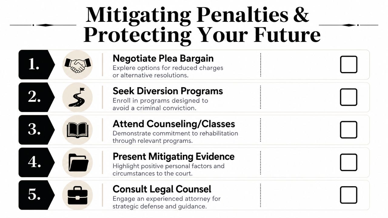 A checklist infographic titled Mitigating Penalties and Protecting Your Future detailing five legal defense strategies for defendants.