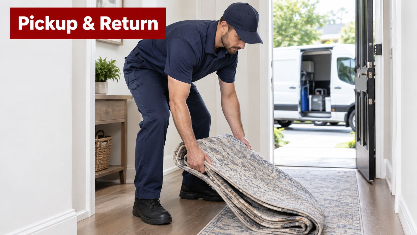 A professional service worker in a uniform picking up a rolled carpet in a bright home entryway.