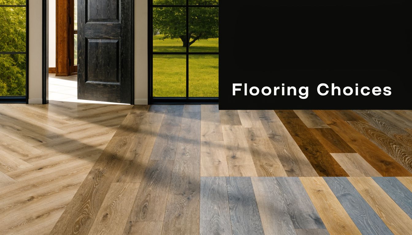 An interior space displaying various wood and laminate flooring samples arranged together as different floor options.