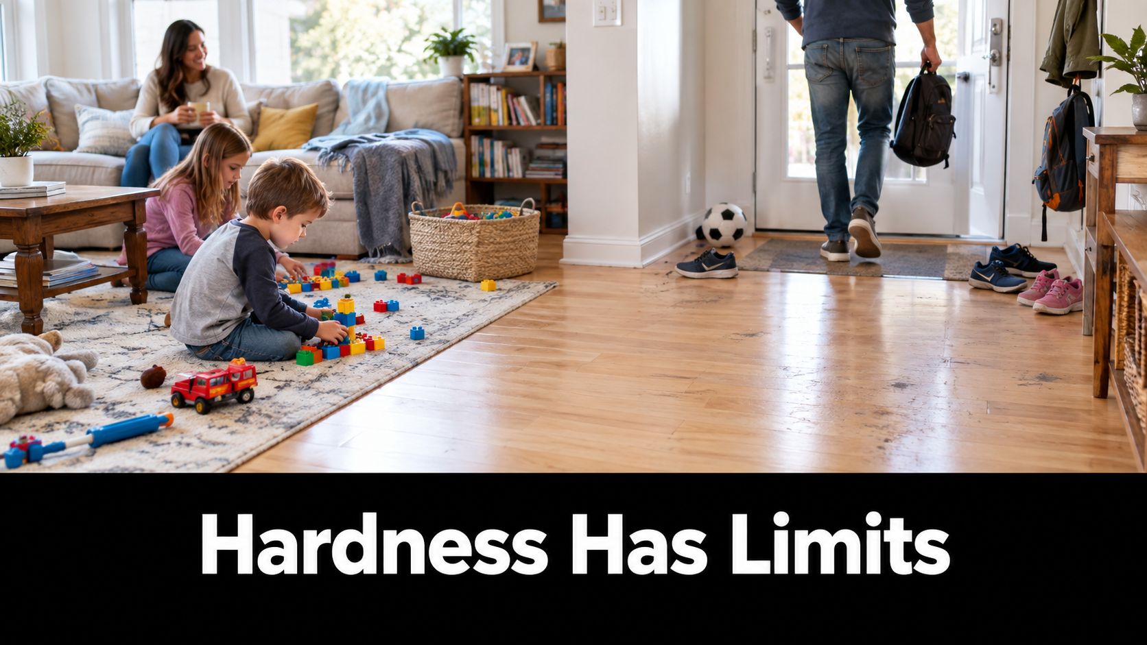 A family at home with children playing with building blocks on a maple hardwood living room floor.