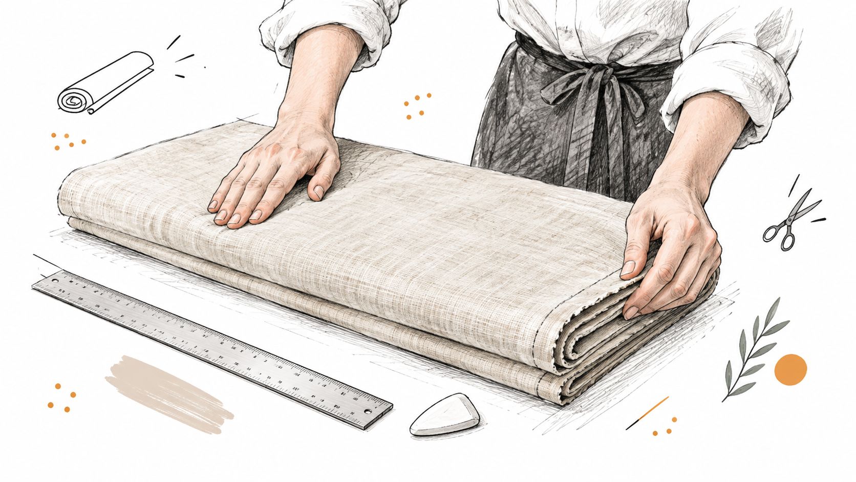 A tailor's hands preparing a piece of light-colored fabric on a table with a ruler and chalk.