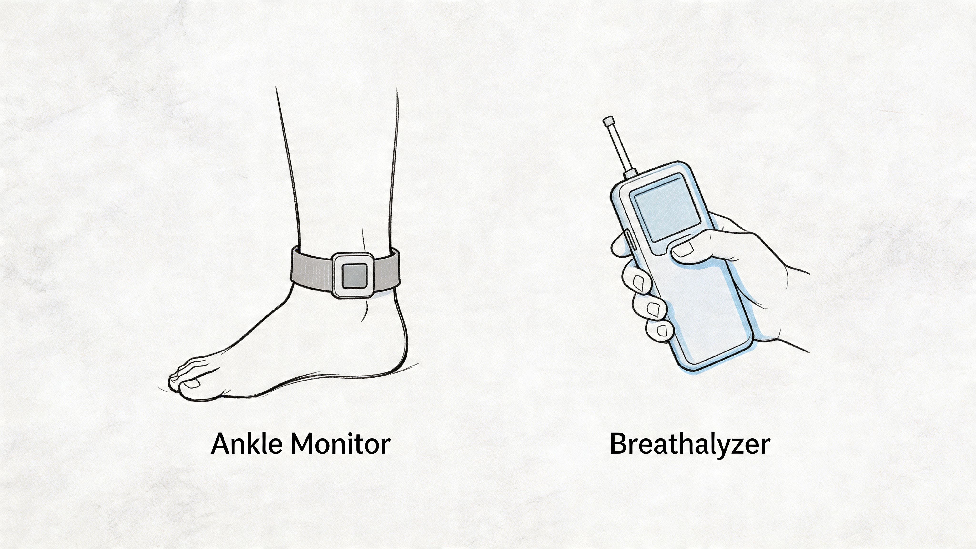 A digital illustration showing an ankle monitor on a leg and a handheld breathalyzer device.