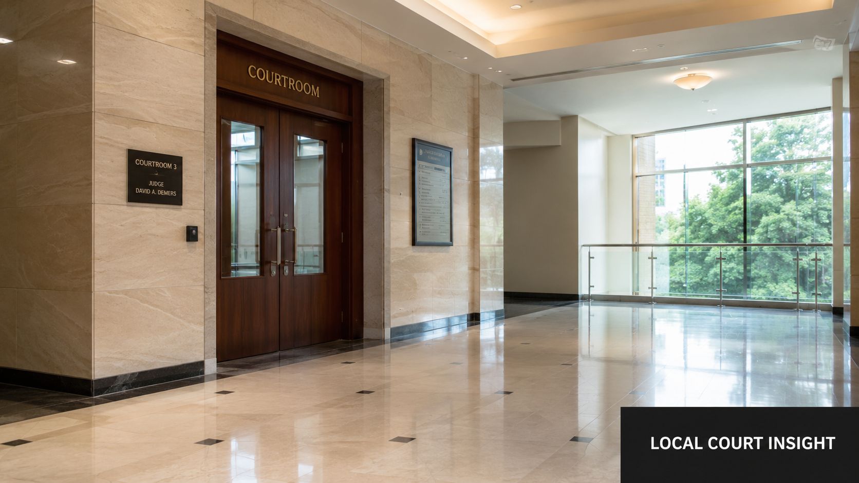A quiet and professional hallway leading to a courtroom with polished marble floors and large windows.