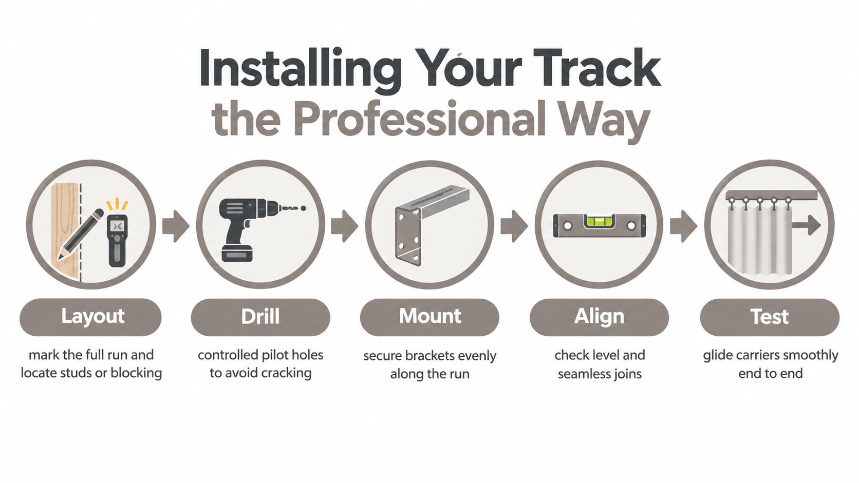 An infographic illustrating five steps for installing a professional curtain track system including measuring and mounting brackets.