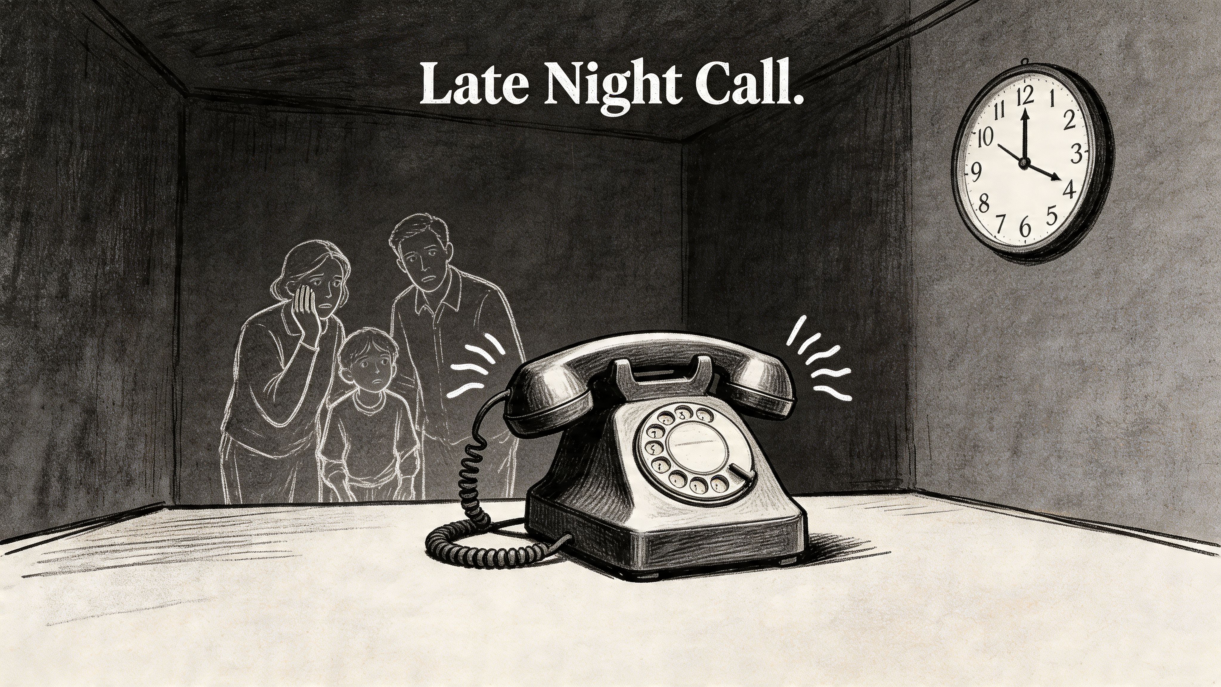 A charcoal sketch of a family looking worriedly at a ringing rotary telephone late at night.