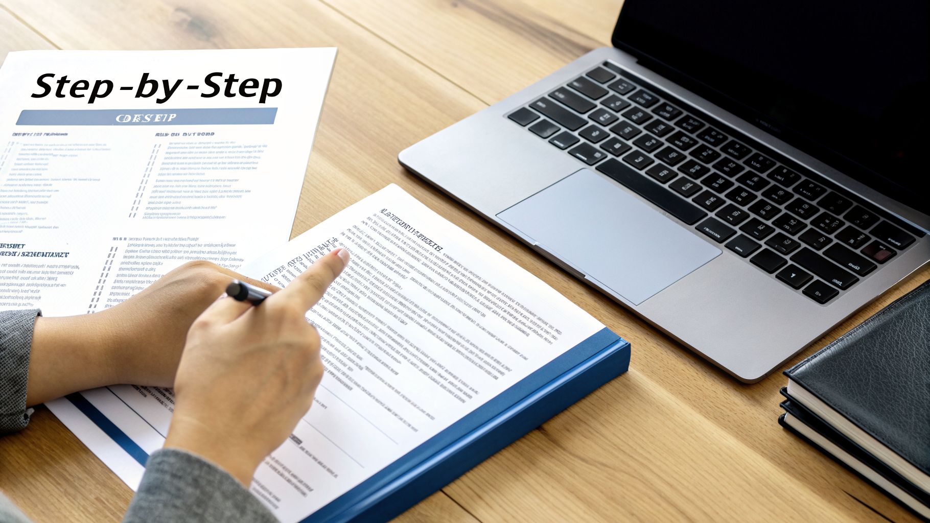Person's hands with a pen, pointing at a 'Step-by-Step' document on a desk next to a laptop.