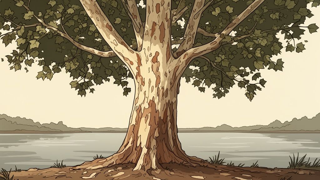 A large sycamore tree with patchy bark and green leaves stands by a calm lake with distant hills.