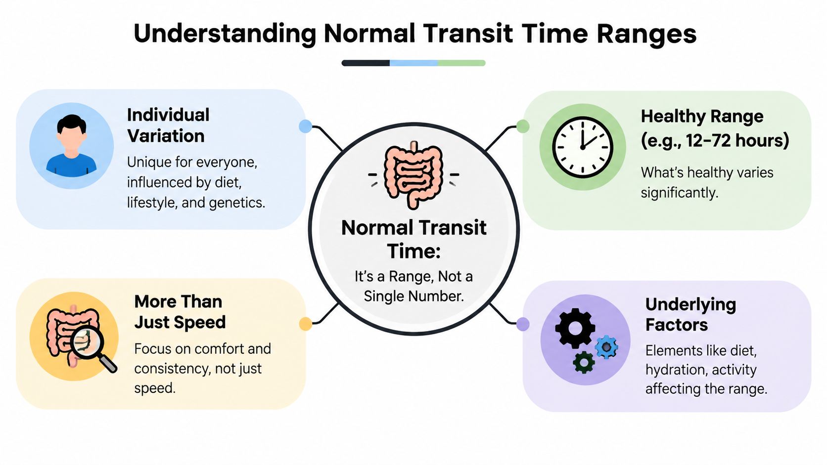 An infographic titled Understanding Normal Transit Time Ranges, explaining that gut transit is a personal range.