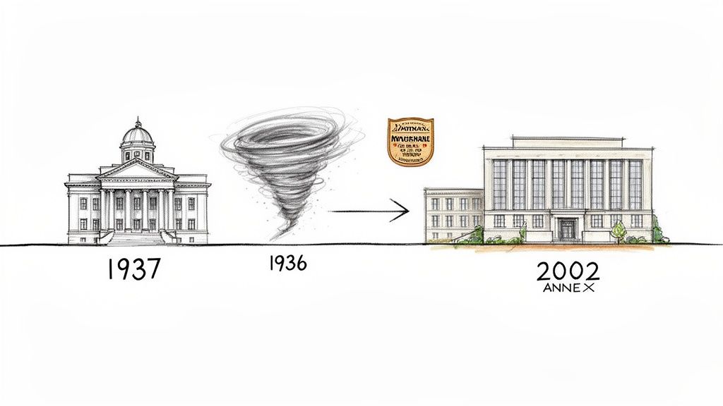 Timeline showing Hall County Superior Court evolution: original building (1937), 1936 tornado, and 2002 annex.