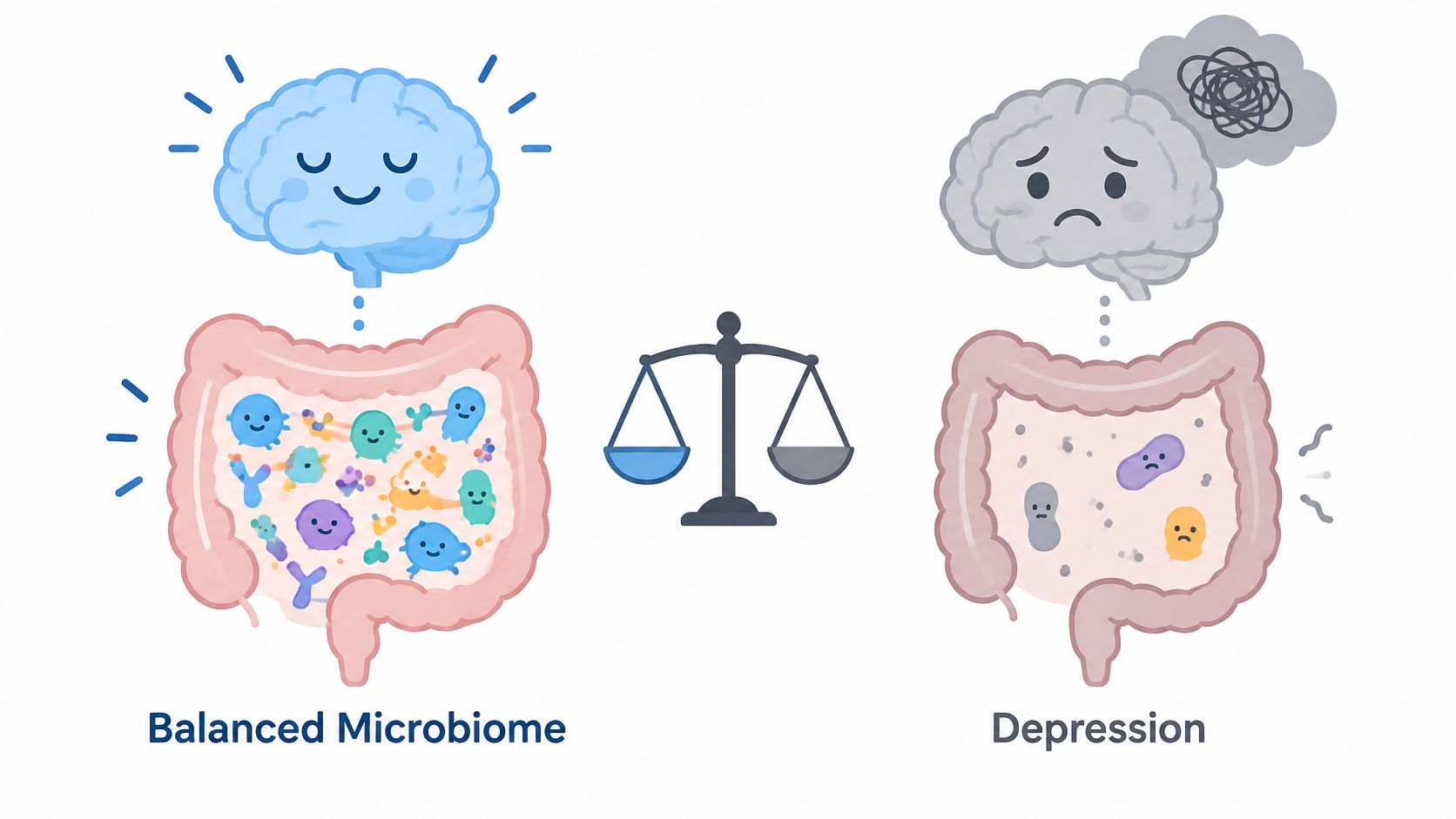 A comparison showing a healthy brain and balanced gut microbiome versus a depressed brain and gut dysbiosis.