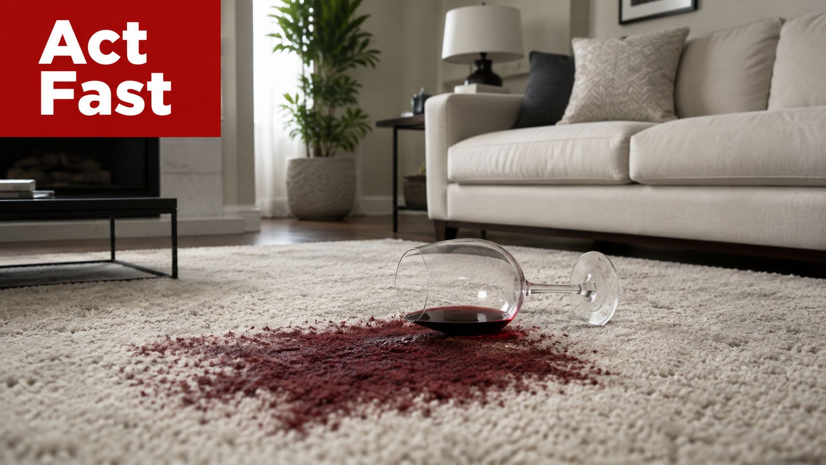 A glass of red wine has tipped over, leaving a large wine stain on a cream-colored rug.