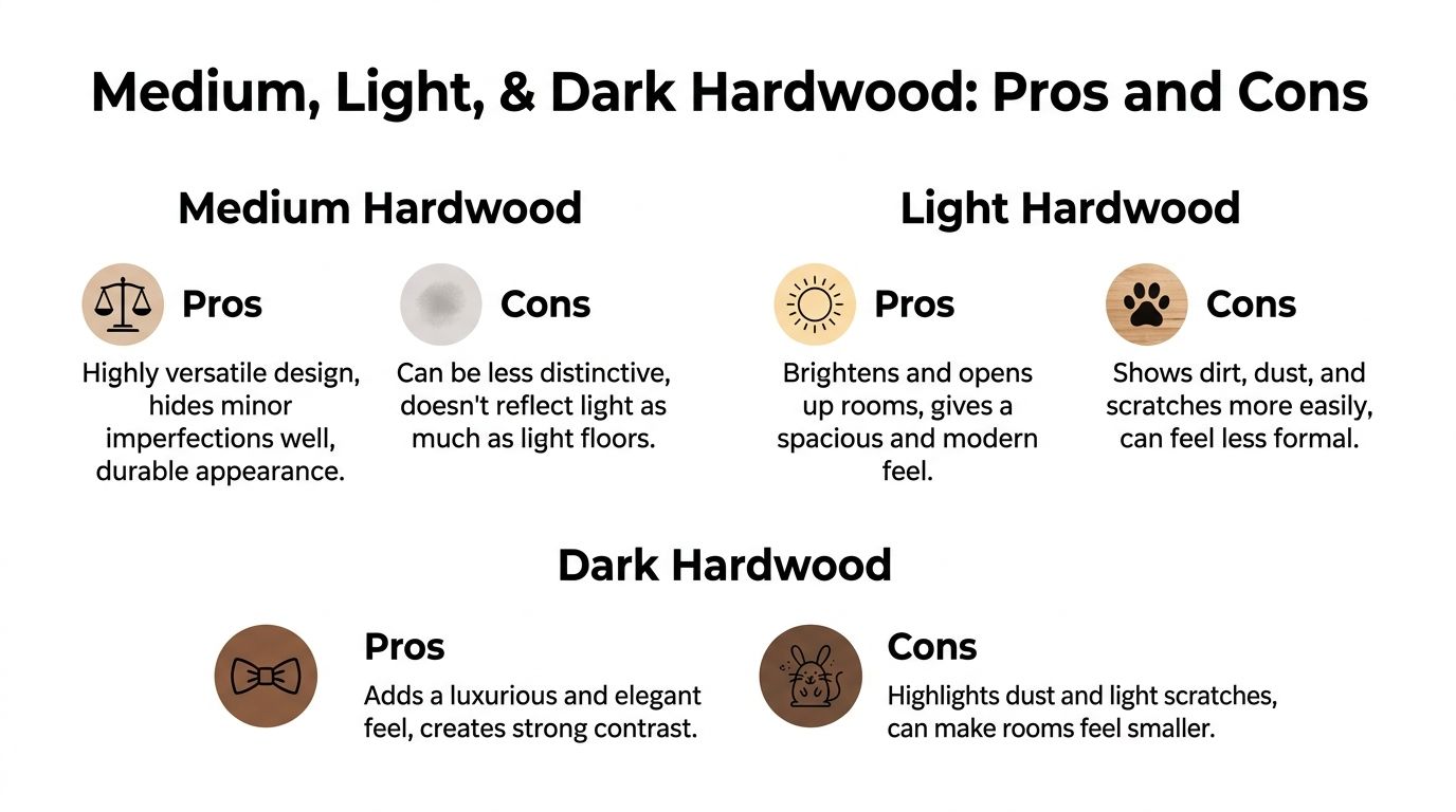 A comparison chart outlining the pros and cons of medium, light, and dark hardwood flooring options.