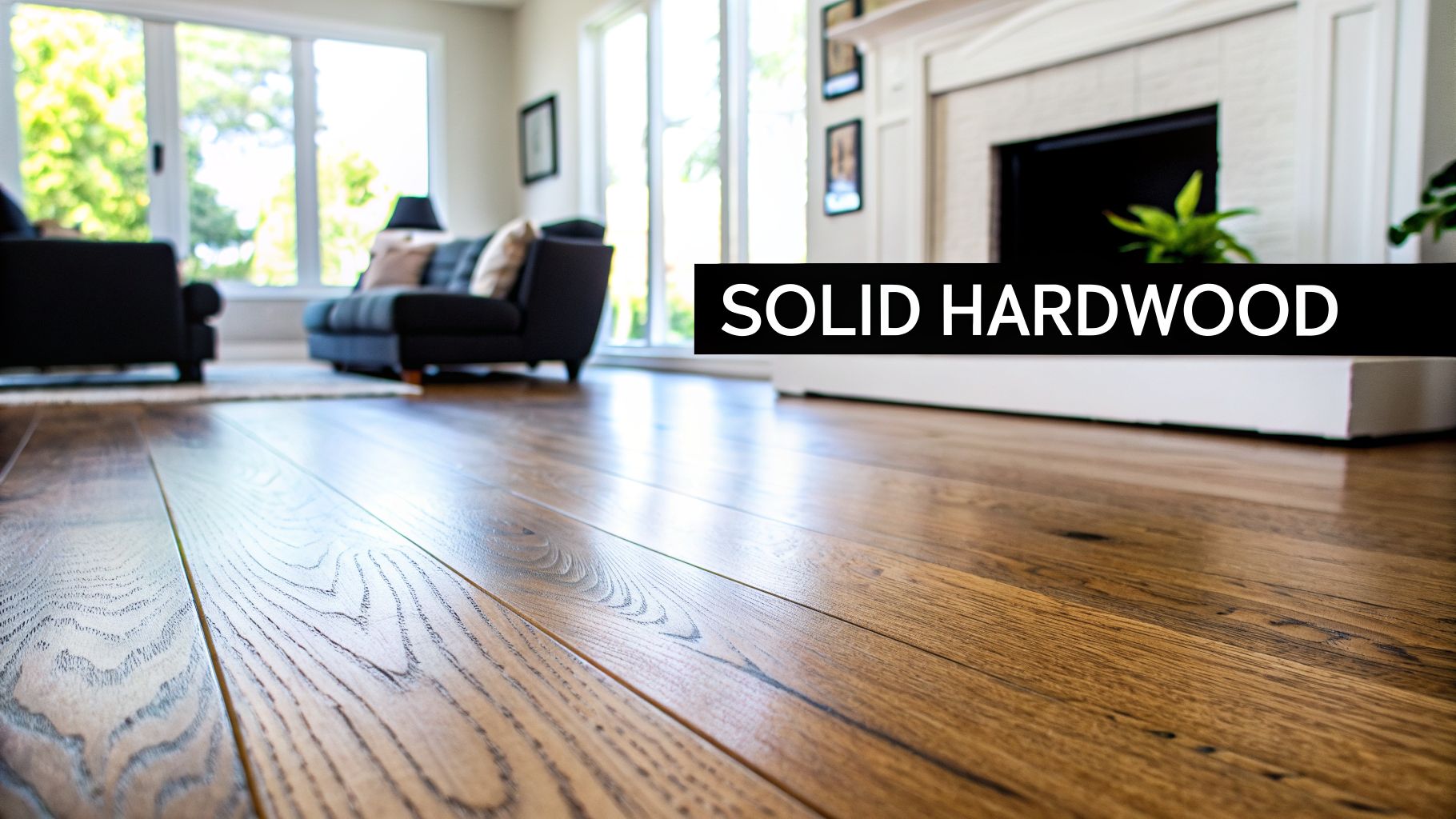 Close-up of solid hardwood flooring in a bright, modern living room with dark furniture and a fireplace.