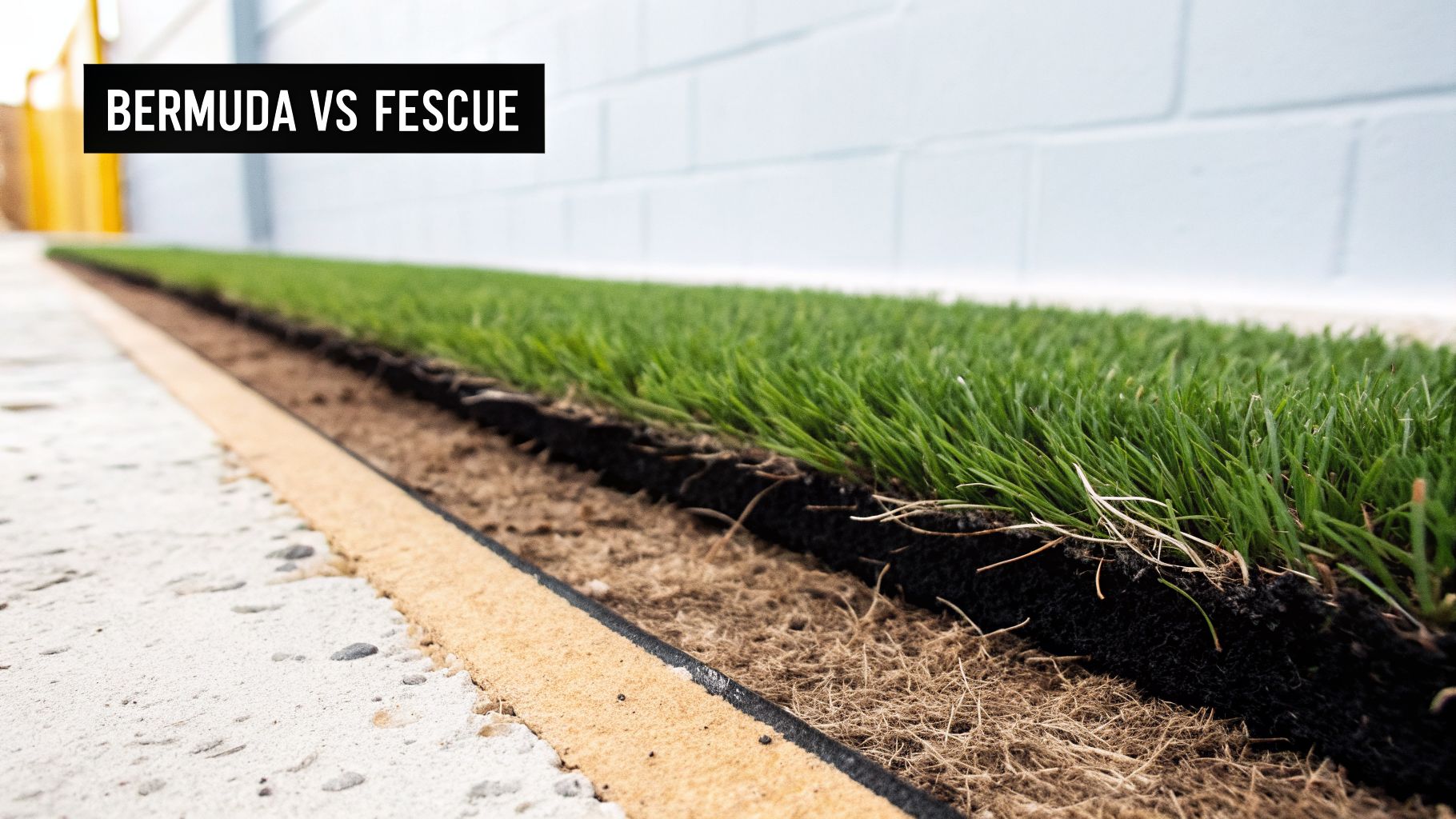 Cross-section of fresh green turf showing grass, soil, and root layers next to a concrete path, with a 'Bermuda vs Fescue' label.