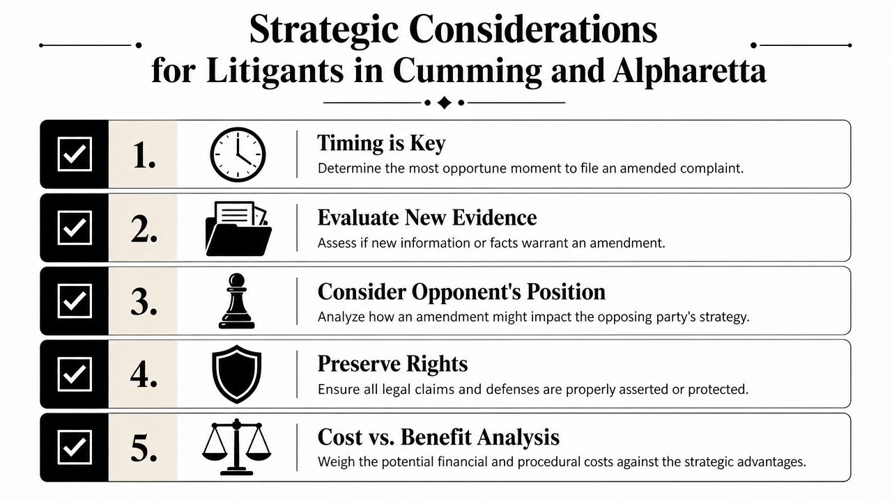 An infographic titled Strategic Considerations for Litigants in Cumming and Alpharetta listing five steps for filing amended complaints.