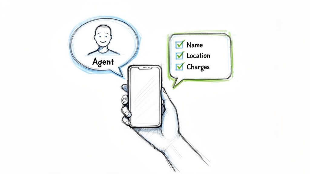 A hand holds a smartphone, with speech bubbles showing an 'Agent' and a checklist for 'Name, Location, Charges'.