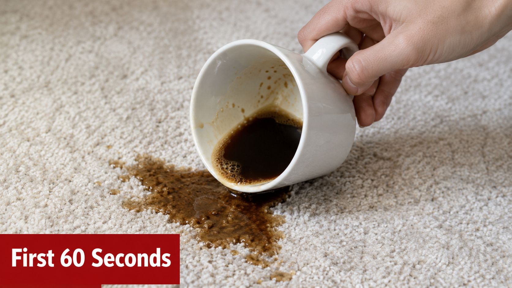 A hand holding a coffee mug as it spills dark coffee onto a light beige carpet.