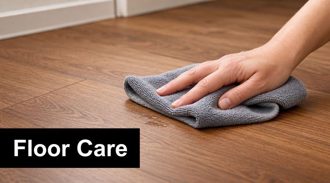 A person wiping a small spill on a matte finish hardwood floor with a grey cloth.