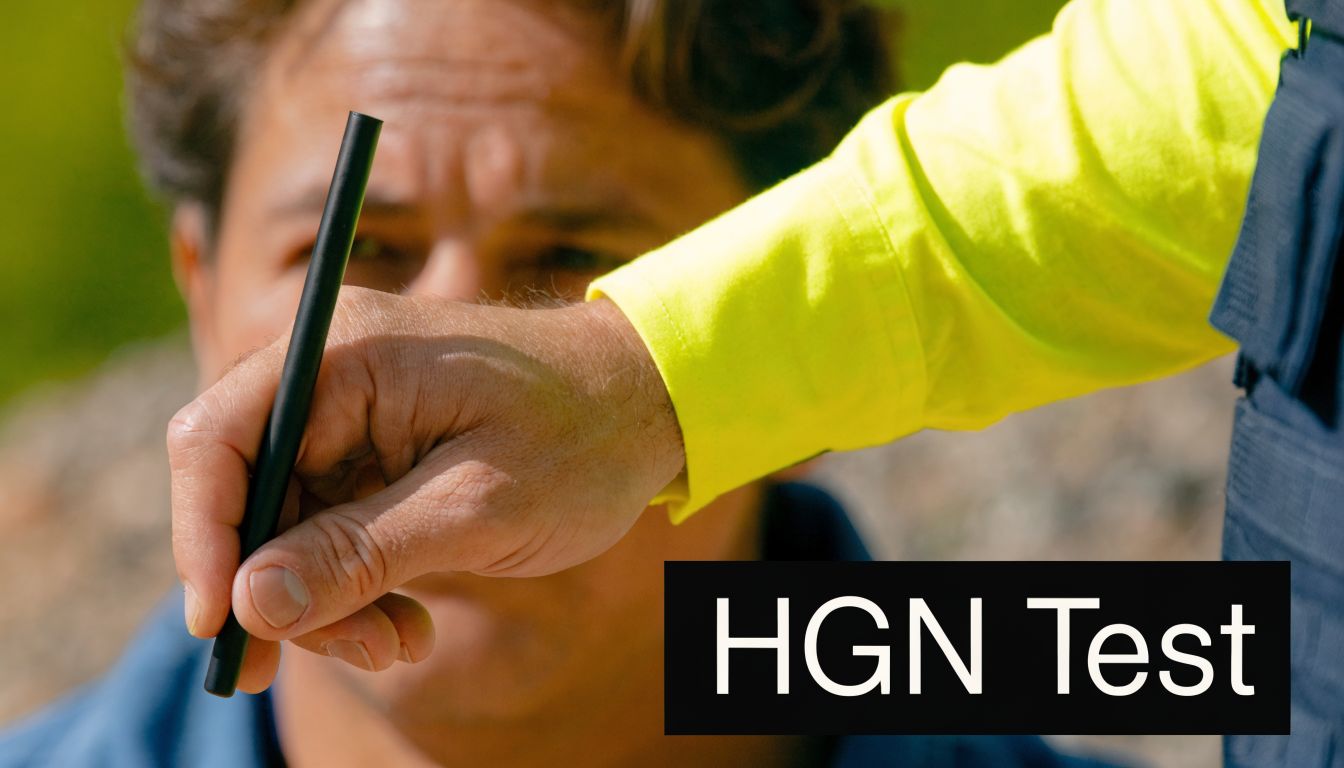 A police officer uses a black pen as a stimulus for a horizontal gaze nystagmus field sobriety test.
