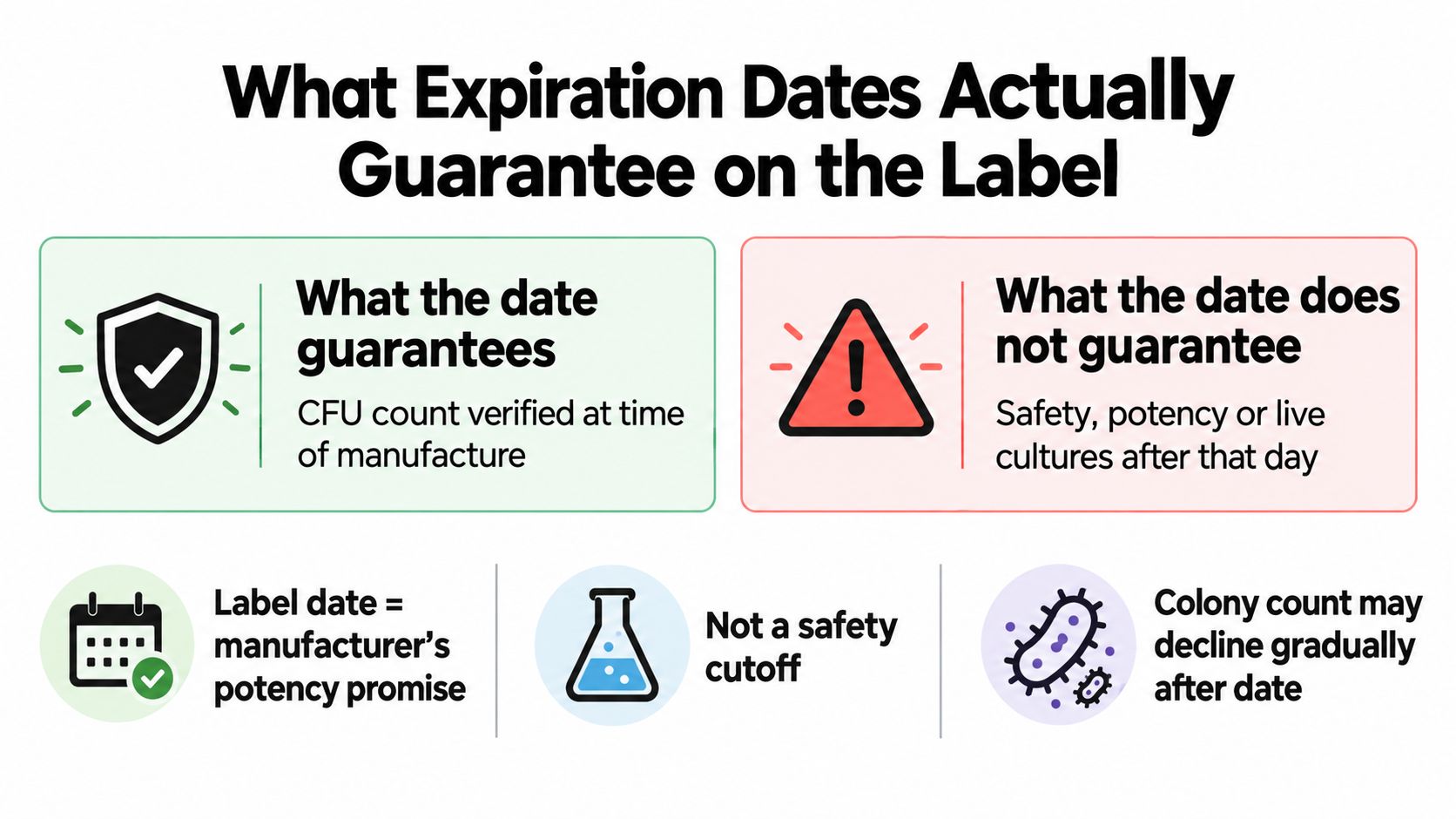 An infographic explaining what probiotic expiration dates represent, highlighting manufacturer's potency promises versus safety guarantees.