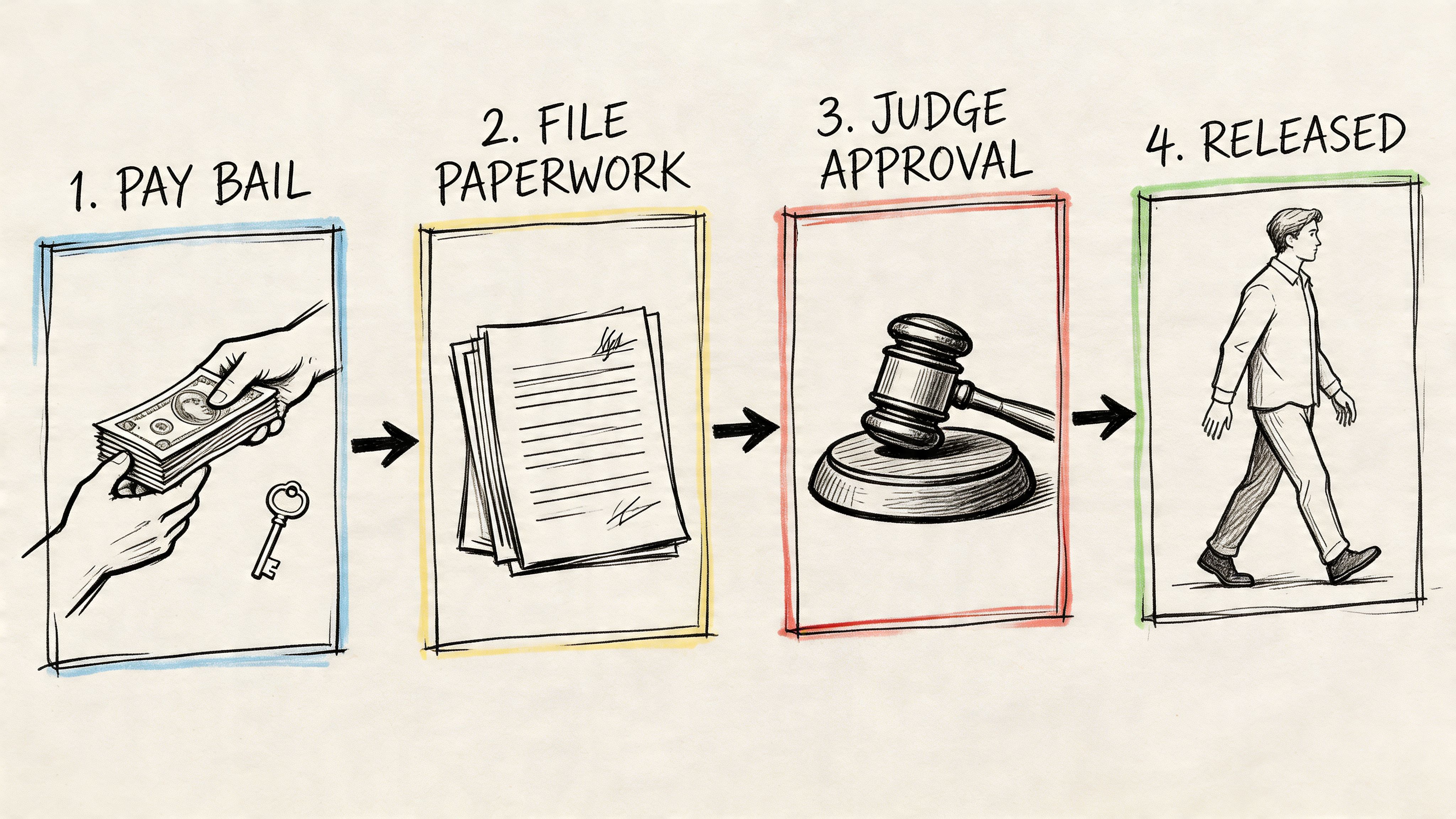 A step-by-step infographic illustrating the process of posting bail, filing paperwork, judicial approval, and finally being released.