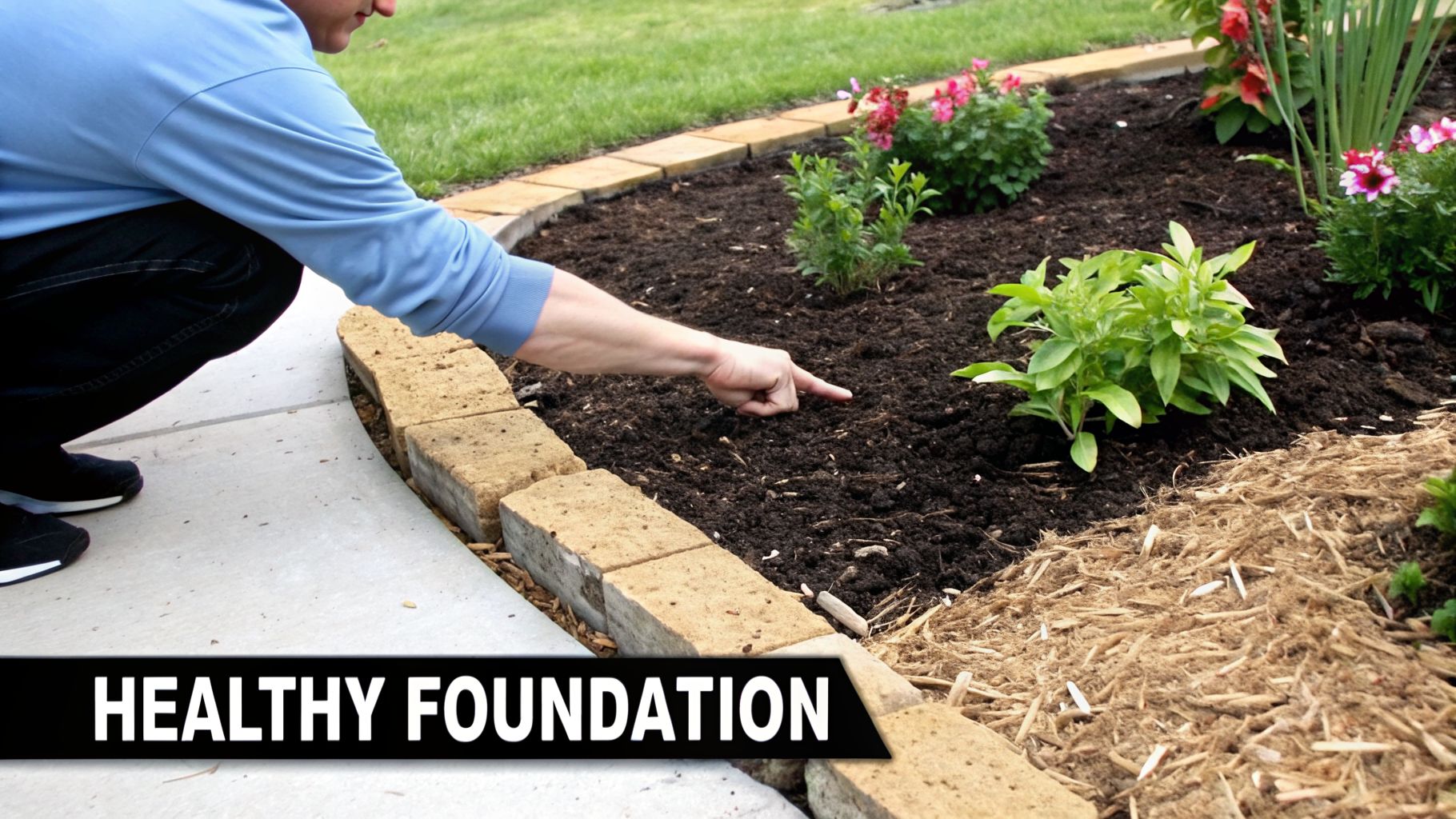 A man points at rich, dark, healthy soil in a freshly planted flower bed.