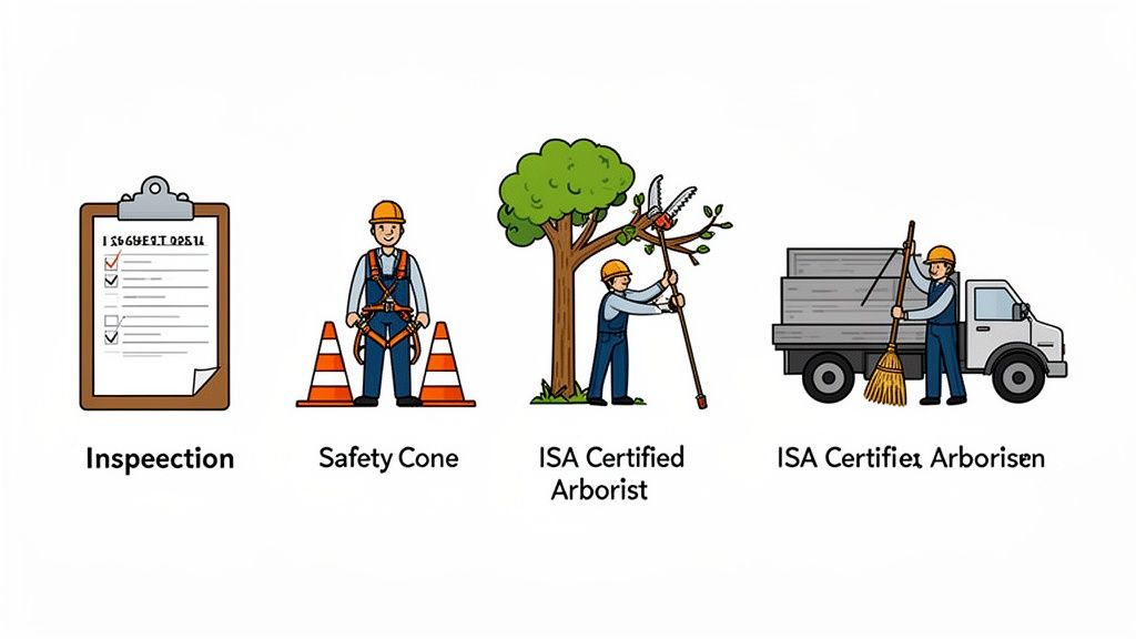 Illustrations showing tree inspection, arborist with safety gear, tree pruning, and debris cleanup services.