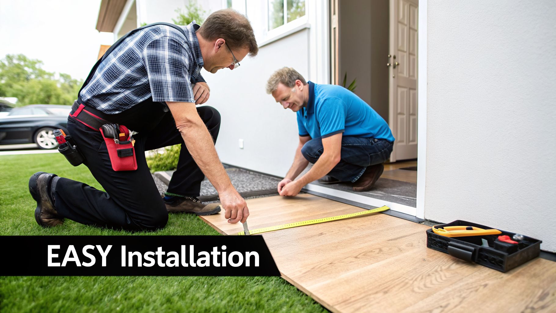 Two men installing wood-look flooring panels with tools outside a house for easy installation.