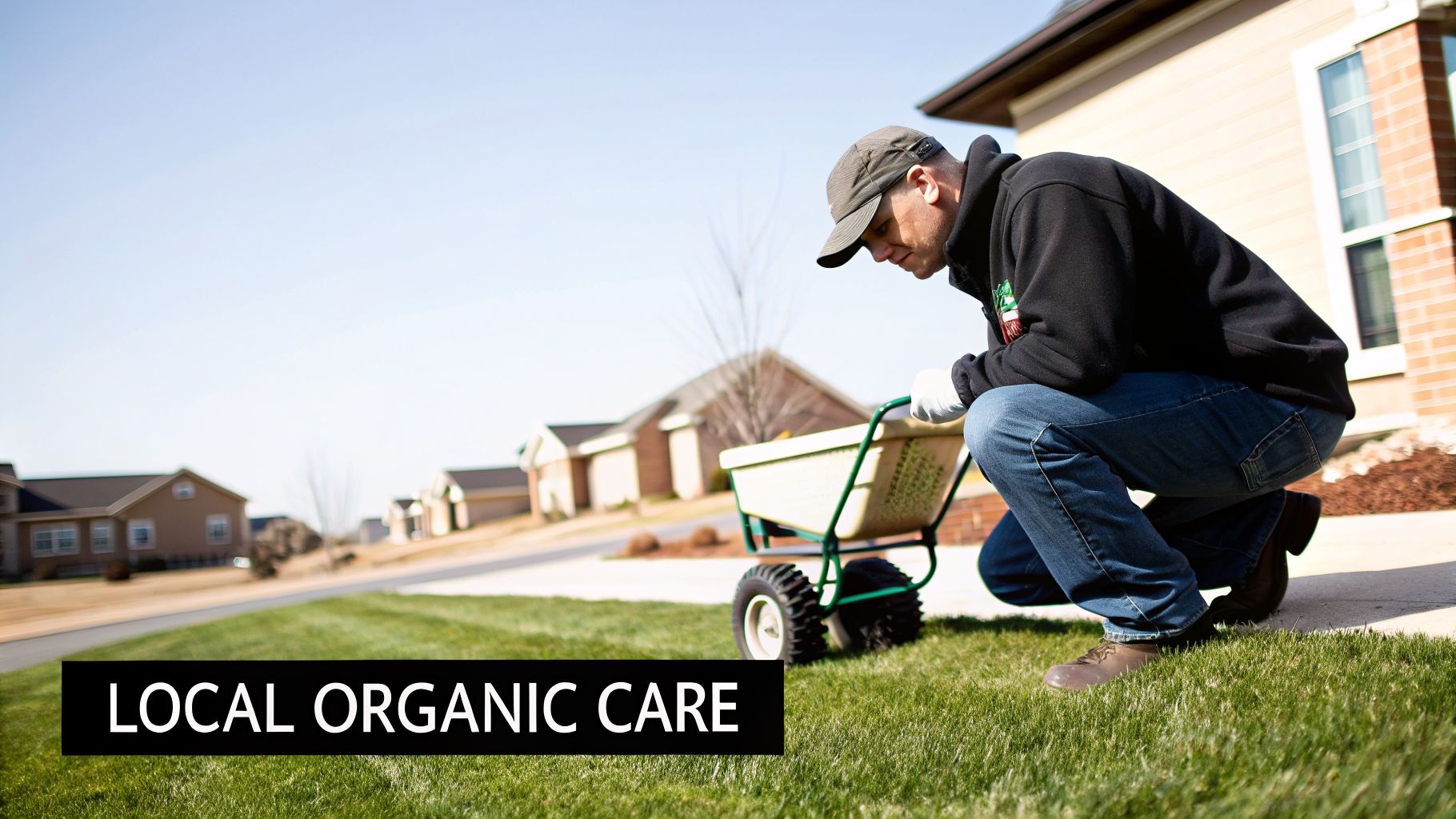 A man in a cap and hoodie kneels on a vibrant green lawn next to a fertilizer spreader.