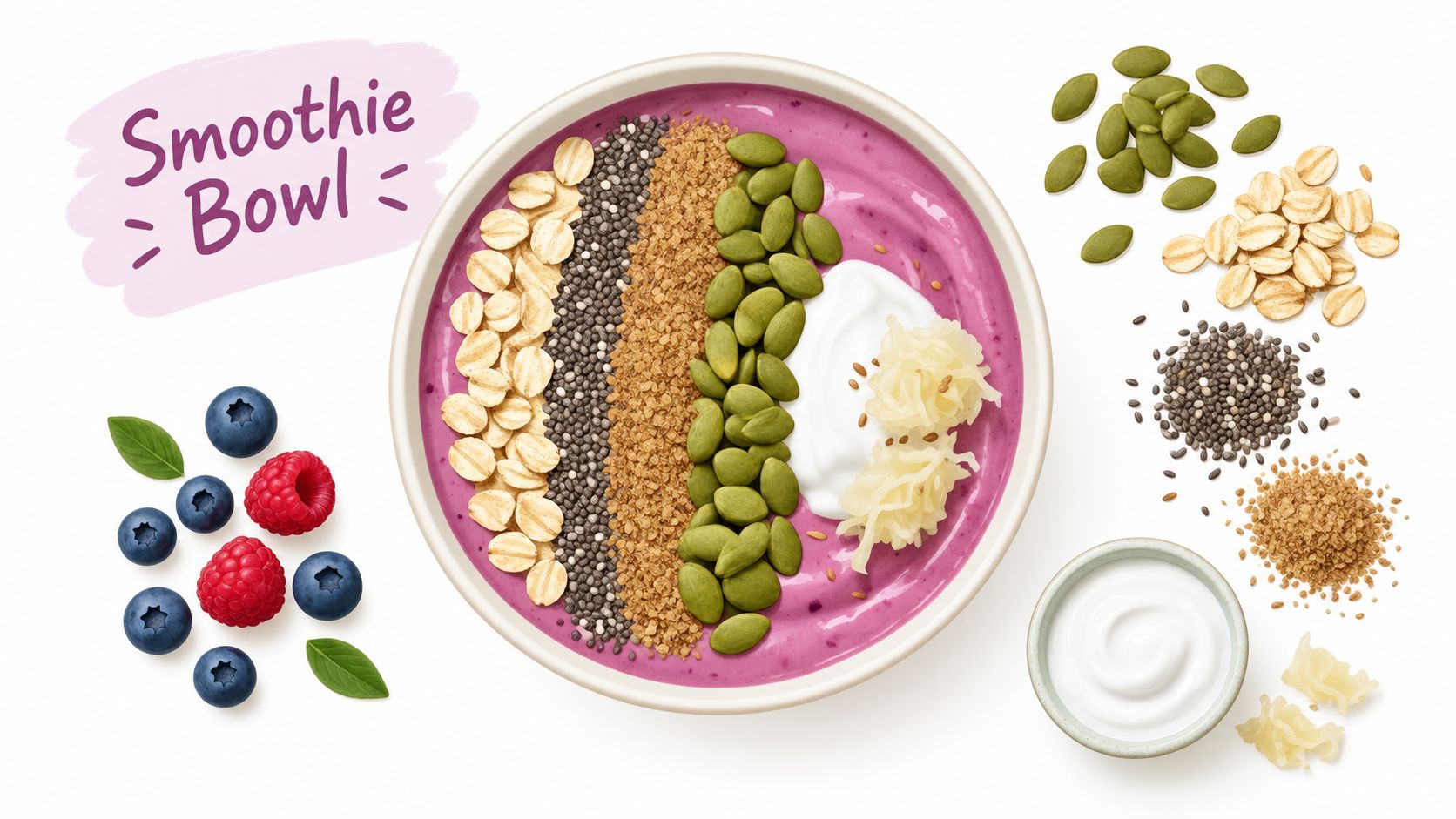 A healthy smoothie bowl topped with oats, chia, brown sugar, pumpkin seeds, yogurt, and shredded coconut.